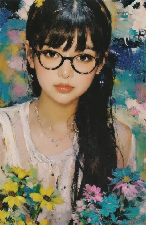  close-up shot , Anime girl with white glasses , Stand on land, night view ,Many stars shining in the night sky, Milky Way ,  colorful flowers,headshot close-up,  oil painting style ,  Very easy to understand oil painting strokes,  IMPRESSIONIST PALLET STY...