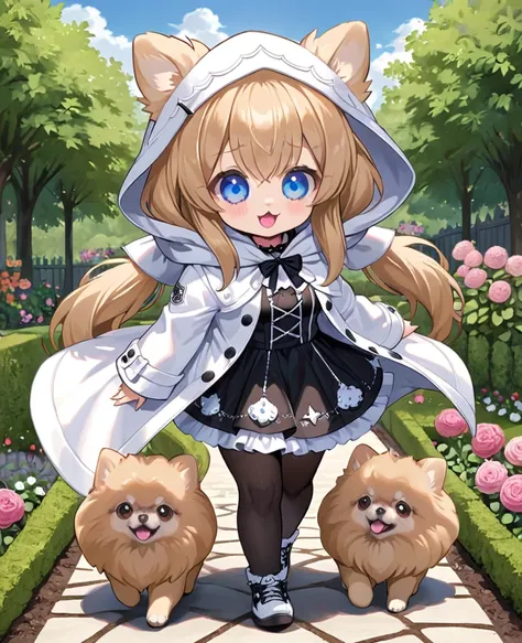  top quality, cute, girl, twin tails , blue eyes, loli,Big Breasts,cute Pomeranian,garden,Play outside,white Gothic hood coat,She's wearing tights,walking pomeranian,