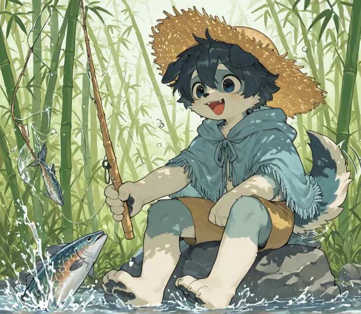 source_ furry， furry male，elementary school students，((boy )),dog boy ,short hair,masterpiece, newest,absurdres, incredibly absurdres, bright eyes, detailed eyes,short hair，solo , traditional suo li straw cloak, fishing by riverside, excitedly catching fis...