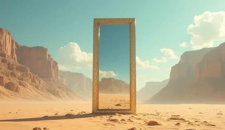 a mirror standing in middle of dessert