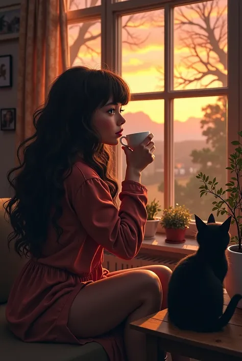 A curvy girl with wavy hair, very long and fringes,  her hair color is dark brown ,  is a room that drinks coffee ,  with her black cat ,  in the midst of art and crafts, Looking at a landscape outside the window, Is it evening or sunset and there's a drag...