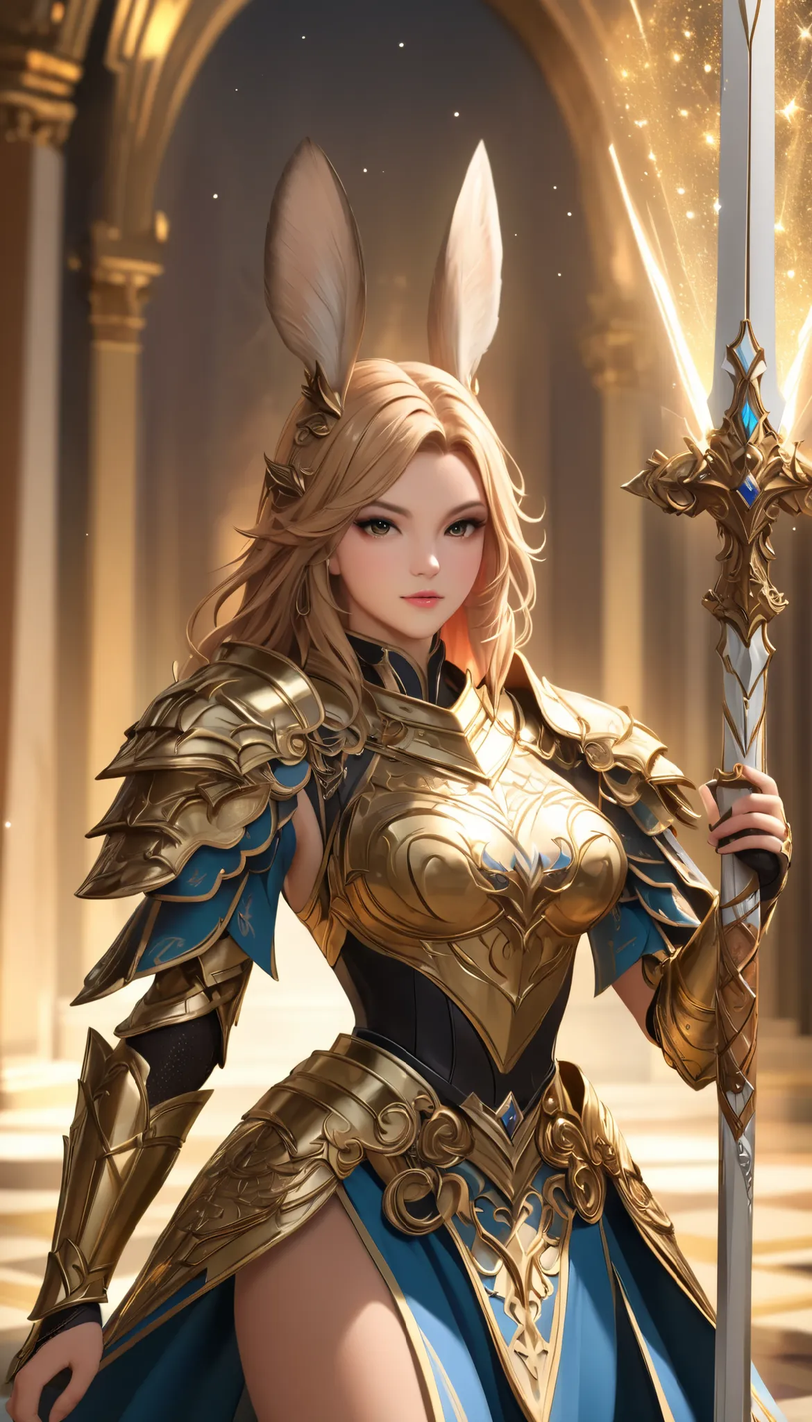 (8k,  top quality,  masterpiece: 1.2), ( by Nomi, photo by Nomi: 1.37),  highly detailed , ONE VIERA GIRL ,  Paladin Holding a Sword Full of Light ,  Wide viewing angle ,   big, firm bouncing bust ,  Very delicate depiction ,  Miniature Paint ,   face, Det...