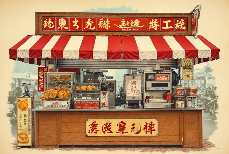 {{A ((classic and nostalgic)) depiction of {((a traditional spicy fried chicken food stall illustrated in vintage advertisement style))}}} with {((a hand-drawn ink and watercolor aesthetic, featuring bold typography and a charmingly rustic food cart))}. Th...