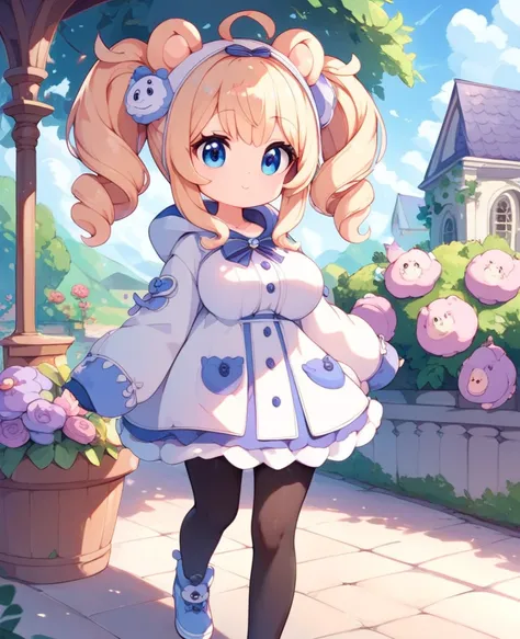  top quality, cute, girl, twin tails , blue eyes, loli,Big Breasts,cute Pomeranian,garden,Play outside,white Gothic hood coat,She's wearing tights,walking pomeranian,