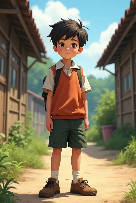 A young boy in a rural village school, wearing a simple uniform, known for his honesty and kindness.