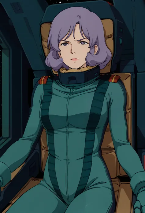 masterpiece, best quality,Rosamia Almond, purple hair,  1girl , pilotsuit, gauntlet, Alone、 is the cockpit in the background、 sits in the cockpit