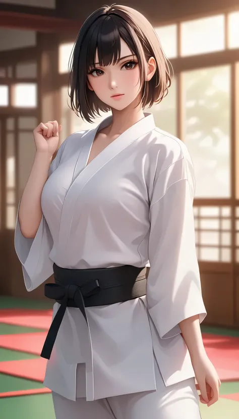 (( Big breasted girls))、((( Open Front Shirt))、(((Empty-handed)))、( black hair)、(blunt bangs)、( short hair)、( wet hair)、(Female Karate )、(( sweaty ))、( growing skin )、((Serious))、(( blanking))、(((Karate Dojo)))、((Graceful Paintings )),( Masterpi...