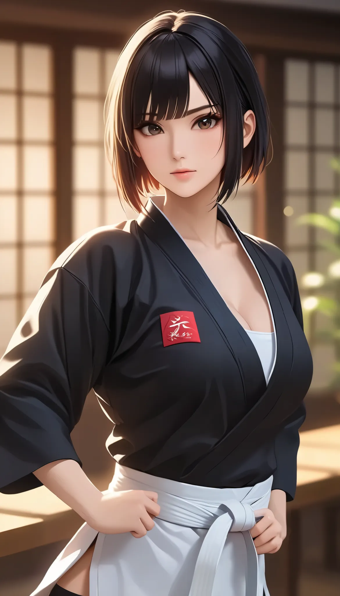 （（ Big breasted girls))、(((  Front Open Shirt))、(((Empty-handed)))、(    black hair)、(blunt bangs)、(  short hair)、(  wet hair)、(Female Karate )、((  sweaty ))、(  growing skin )、((Serious))、((  blanking))、(((Karate Dojo)))、((Graceful Paintings  ))，(  Masterpi...