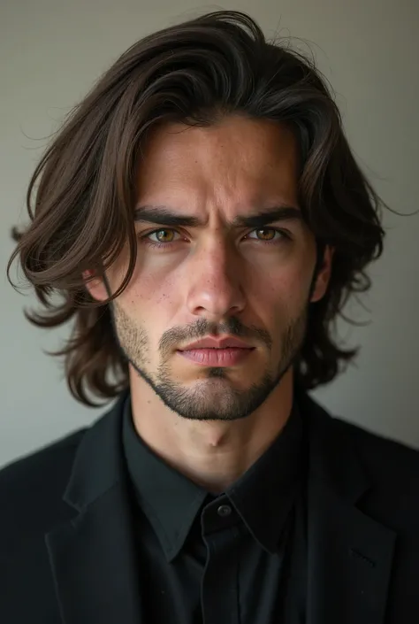 Arab Student, College Guy, Twenty One Year Old, Law Student, Sharp Facial Features, Clean Shaven, Wolf Cut Hairstyle, Long Hair, Grumpy, Wearing A Black Suit, Portrait Image, Candid.