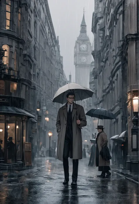 detective standing in the rainy street in London,bright light grey sky, wearing a black trenchcoat and glasses with an umbrella. This man must be handsome and elegant. The image must be in 8k
