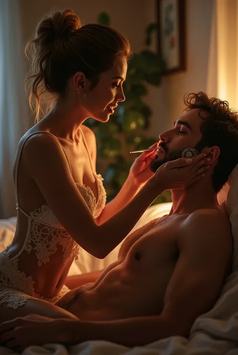 Beautifull lady with Short dress Shaving her husband's beard while Sitting on Sexy lady with Short dress Shaving her husband's beard while Sitting on his lap