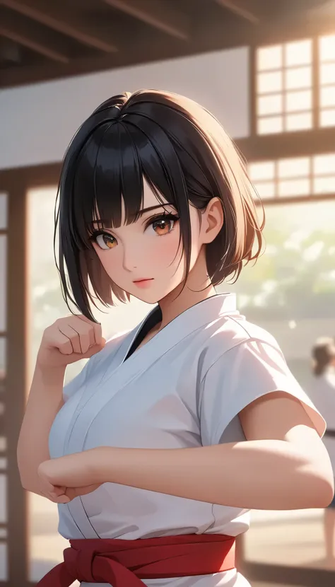 (( Big breasted girls))、((( Front Open Shirt))、(((Empty-handed)))、( black hair)、(blunt bangs)、( short hair)、( wet hair)、(Female Karate )、(( sweaty ))、( growing skin )、((Serious))、(( blanking))、(((Karate Dojo)))、((Graceful Paintings )),( Masterpi...