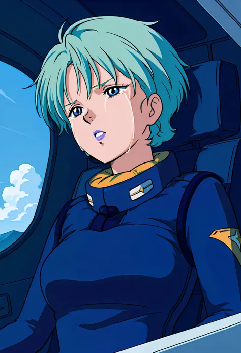 masterpiece, best quality, source_anime, murasame, 1 female, green hair, short hairstyle,  blue eyes, purple lips, pilotsuit、背景は cockpit、 cockpit、sit、 crying face、upper body