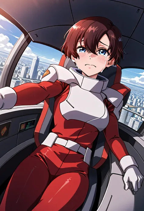 Score_9, score_8_up , score_7_up ,masterpiece, best quality, amazing quality,city view, 1 female、 is the cockpit in the background、 sits in the cockpit、 crying face、mayuralabbatt, brown hair, blue eyes, pilotsuit, gauntlet,sitting