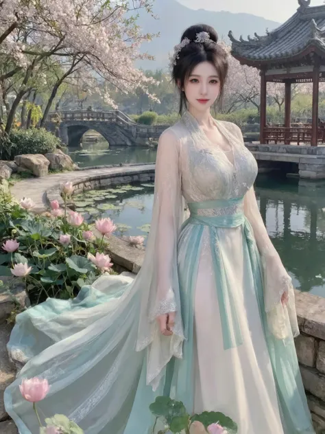 ((masterpiece)), ((best quality)), intricate details:1.5, 8K resolution, cinematic lighting, Neo-Chinese aesthetics, ethereal maiden in translucent layered hanfu (pale aqua gradient with moon-white undertones), silver-thread embroidery, flowing sleeves, ja...