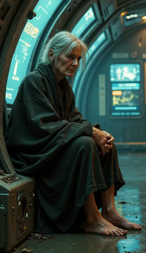 Elderly female witch with very short hair sitting barefoot from the side in a spaceship 