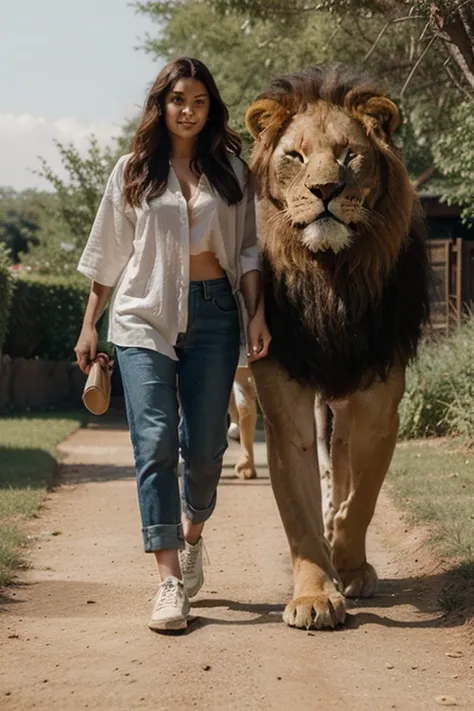 A woman walks with a ferocious giant lion walking side by side facing the camera live 