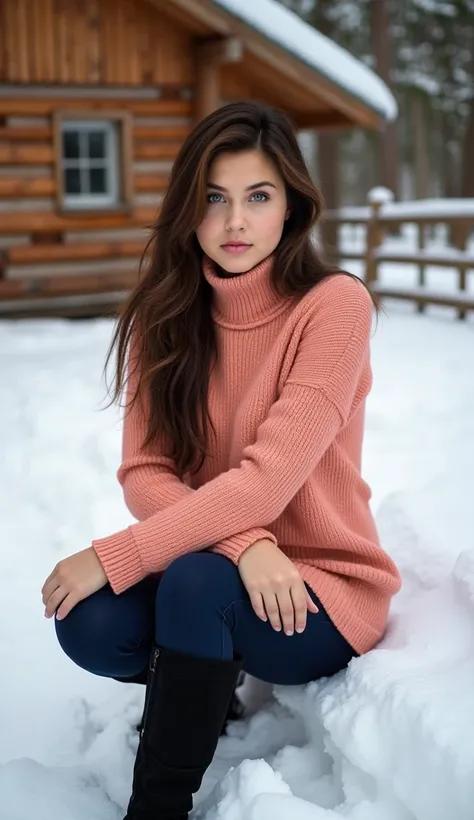 Breathtaking medium shot photography of a young woman, tiffani-theissen, sitting on a snow-covered ground in front of a wooden cabin. She is wearing a peach long-sleeved turtleneck wool sweater and dark blue leggings. She has long black hair and is wearing...