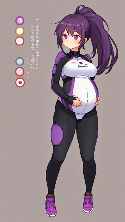 1girls, brown high ponytail, purple eyes, perfect female body, maternity pregnancy, breast curtains, bike suit, full body