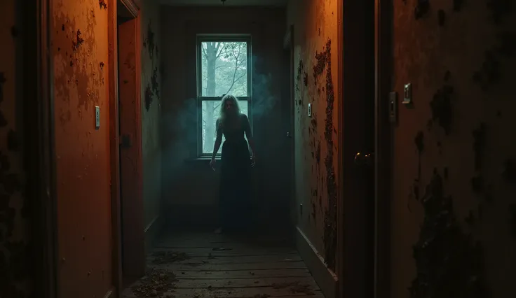 good-quality and gloomy image and, In the style of a horror movie from the 80s, a specter peeking out of a window in a corridor of a dark house,  dark colors , oranges, light dark red and blue.