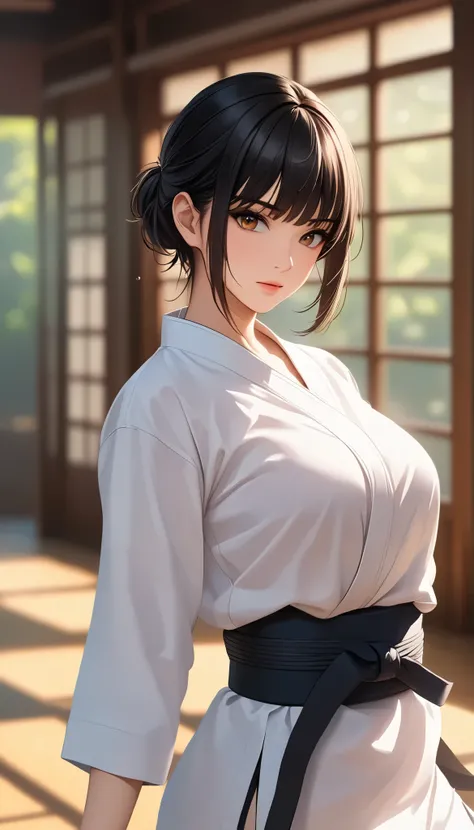 （（ Big breasted girls))、(((  Open Front Shirt))、(((Empty-handed)))、(    black hair)、(blunt bangs)、(  short hair)、(  wet hair)、(Passionate female karate )、((  sweaty ))、(  growing skin )、((Serious))、((  blanking))、(((Karate Dojo)))、((Graceful Paintings  ))，...