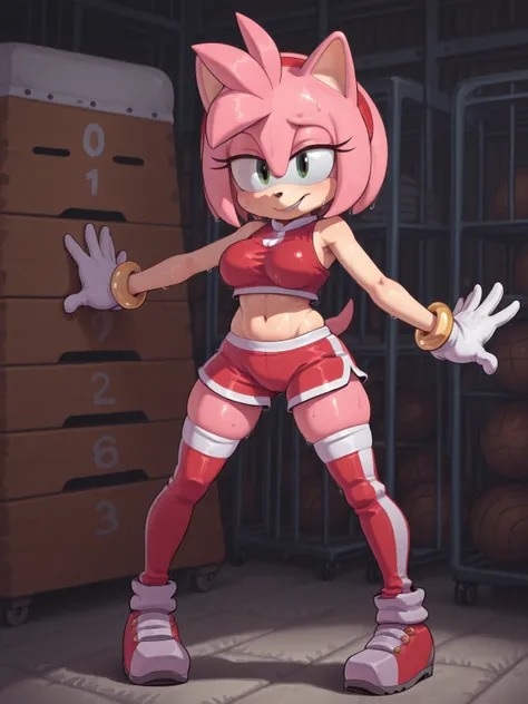 4k, perfect quality, 1girl, Amy Rose, Sonic, sweat, crop top, shorts, thigh highs, alluring smile, standing with legs spread out, gym storage room,