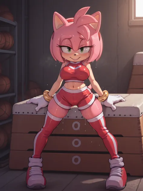 4k, perfect quality, 1girl, Amy Rose, Sonic, sweat, crop top, shorts, thigh highs, alluring smile, standing with legs spread out, gym storage room,