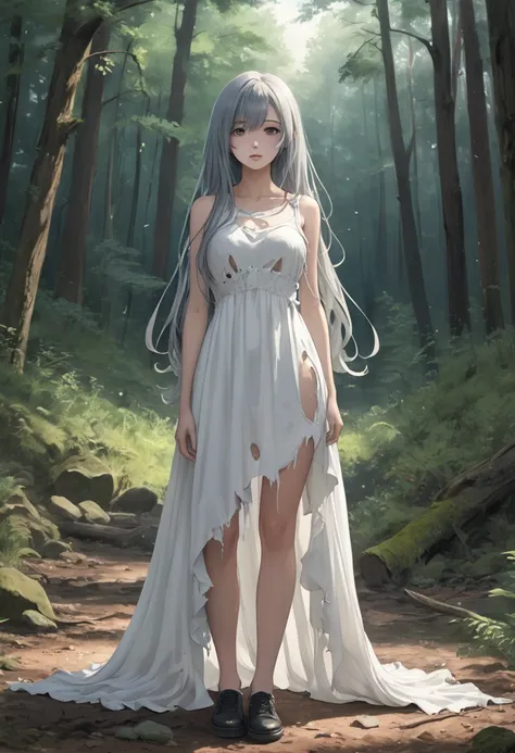 My left half is a ghost 、 torn dress、 with forest in the background