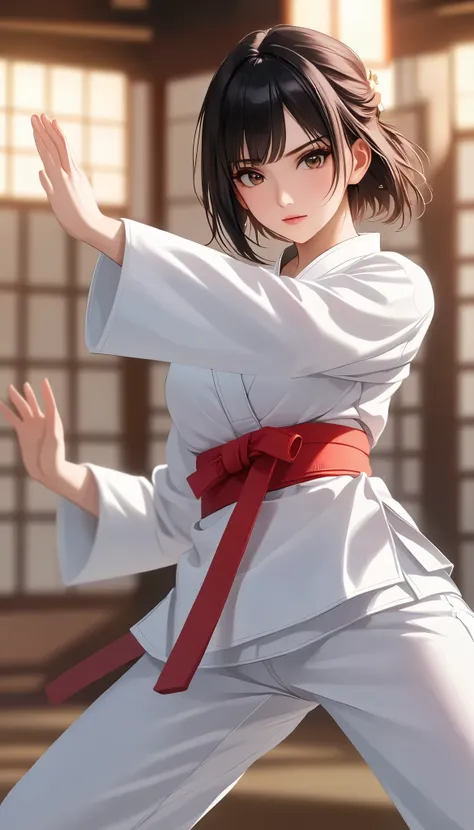 (( Big breasted girls))、((( Karate uniform with open front))、(((Empty-handed)))、( black hair)、(blunt bangs)、( short hair)、( wet hair)、(Passionate female karate )、( Intense Action ), (( sweaty ))、( growing skin )、((Serious))、(( blanking))、(((Karate ...