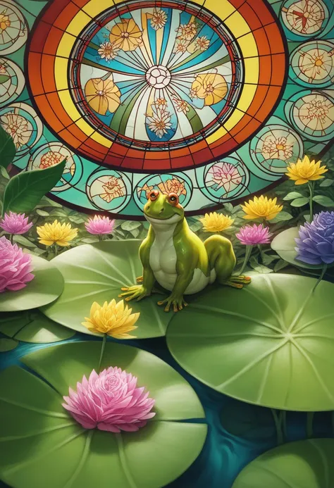 Stained glass style illustration of a serene green frog.  Central subject is a vibrant green frog,  detailed with intricate patterns and  a calm expression.  The frog's eyes are large and expressive,  and its pose is relaxed, sitting on a base of leaves an...