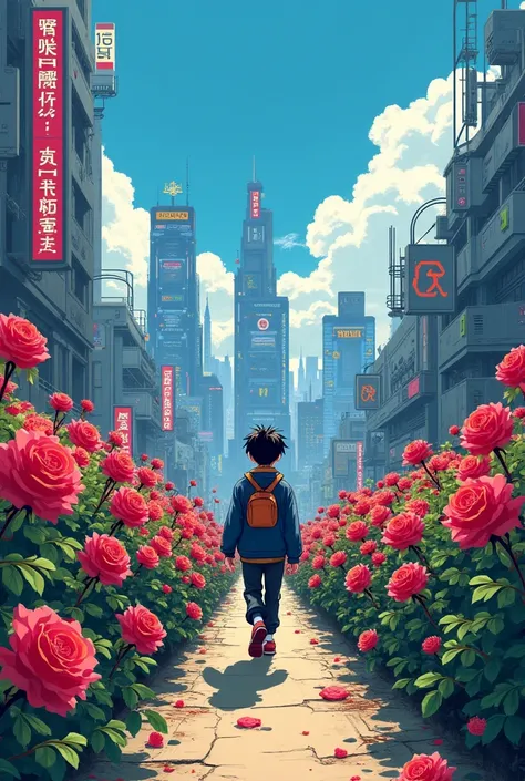 I want you to create a manga style boy on a path of roses with the cyberpunk and urban style.