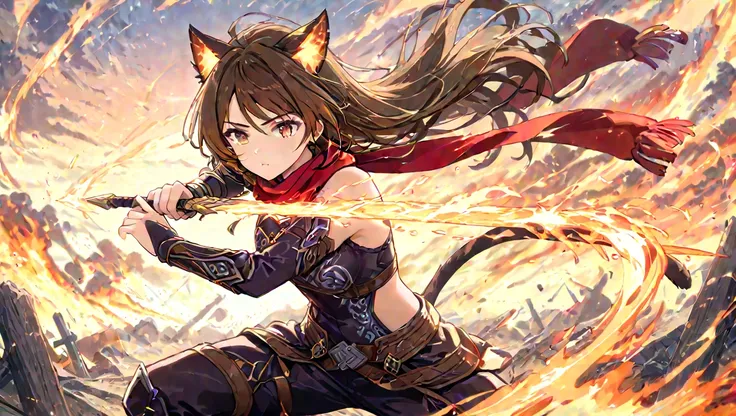 A warrior cat-eared girl with short, spiky brown hair and bright amber eyes filled with determination. Her cat ears are perked up, and her tail sways with confidence. She wears a leather armor set with intricate engravings, paired with a red scarf flowing ...