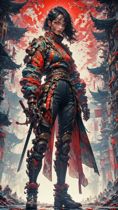   A work of art showing a charming sexy woman  ，  reflects the spirit of Japanese samurai  ， Divine Solemnity  ， Samurai Appearance  ， Wearing leather boots ，  Jacket and Armor  ，  Reminiscent of an enchanting dream in an 8-bit world