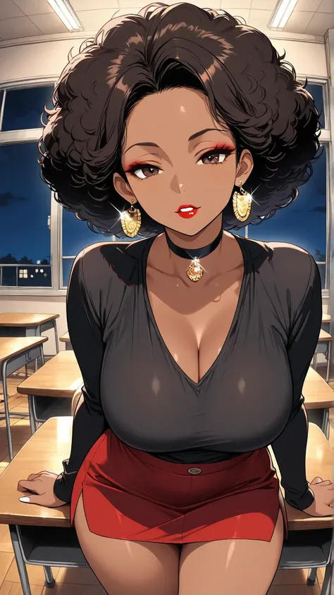 1Woman, Mature, Adult, Ebony, African American, Dark Brown Skin, Black Afro, Big Curly Afro, Forehead, Dark Brown Eyes, White Nails, Red Lipstick, Dark Brown Eye Shadow, Big Chest, Red Mini-Skirt, Black Blouse, Black Choker, Looking At Viewer, Bored, Light...