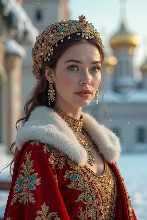 "Generate a photo-realistic portrait of a Russian woman with piercing blue eyes, high cheekbones, and porcelain skin, dressed in an opulent, floor-length Sarafan in rich red and gold, embroidered with intricate floral and geometric motifs. She wears a trad...