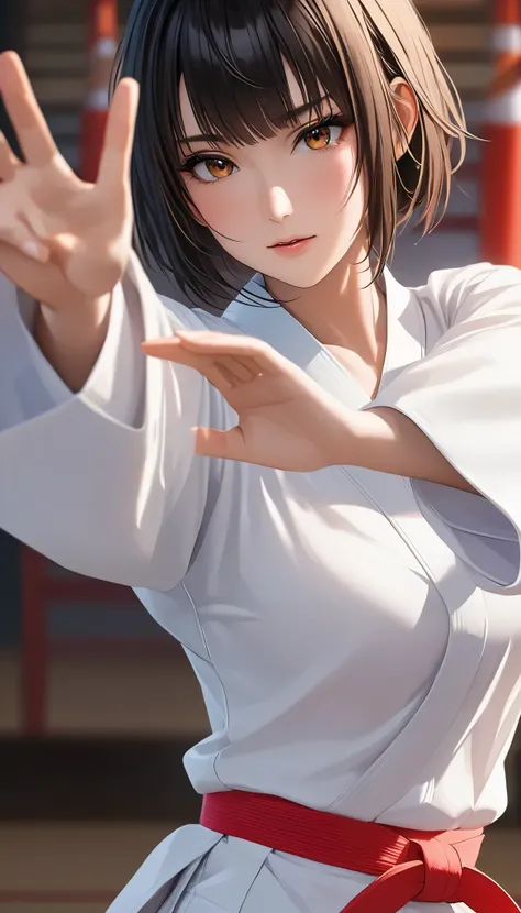(( Big breasted girls))、((( Karate uniform with open front))、(((Empty-handed)))、( black hair)、(blunt bangs)、( short hair)、( wet hair)、(Passionate female karate )、( Intense Action ), (( sweaty ))、( growing skin )、((Serious))、(( blanking))、(((Karate ...