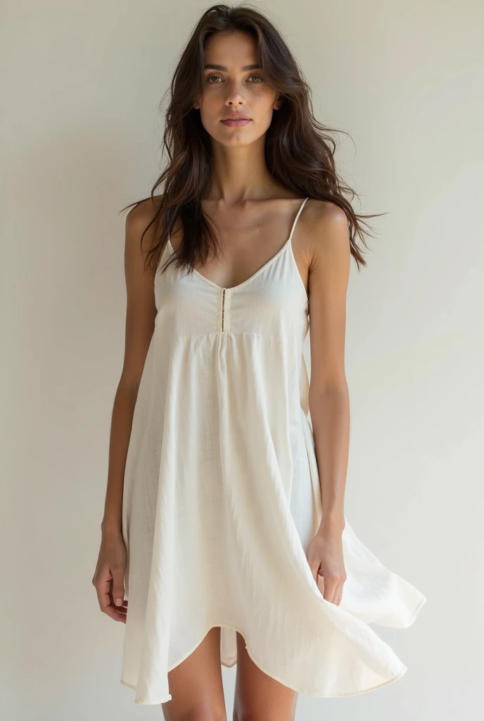  brunette woman wearing white dress brunette woman wearing short and plain white dress,  Dress Material : linen
o curto e liso,  Dress Material : linen
