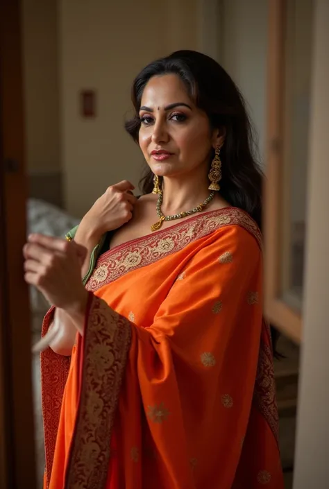 Big breast Indian wife in saree taking selfie in bindi sindoor and mangalsutra at home