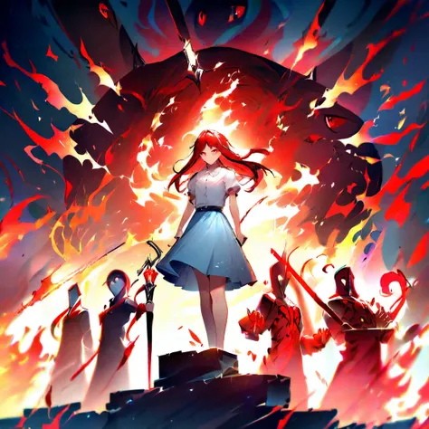  Lantern、 red eyes、 It looks like they're wielding a cane or spear 、 is surrounded by red, fiery energy effects 。  and the outfit is a light blue skirt and white blouse 、 creates a magical and fantastic atmosphere 。  is a painting style like 、Strong charac...