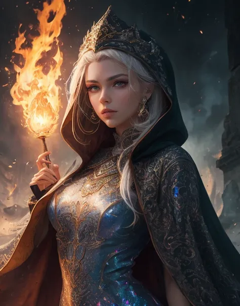 award winning studio photo of beautiful powefull female god, epic pose, white hair,  (close up:1.2), (ultra detailed:1.4), lots details,  hdr, (luxary holographic dress:1.4), (cloak:1.2), (complex patterns:1.2),  (ancient caligraphy:1.2), makeup, headdress...