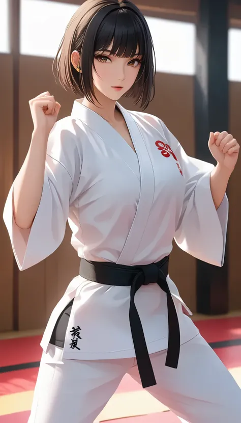 (( Big breasted girls))、((( Karate uniform with open front))、(((Empty-handed)))、( black hair)、(blunt bangs)、( short hair)、( wet hair)、(Passionate female karate )、( Intense Action ), (( sweaty ))、( growing skin )、((Serious))、(( blanking))、(((Karate ...