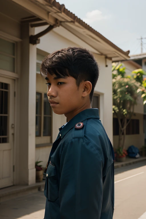 Create a photo of an Indonesian teenage boy, wearing a scout uniform with his body facing forward and his head facing the left, and a school background.