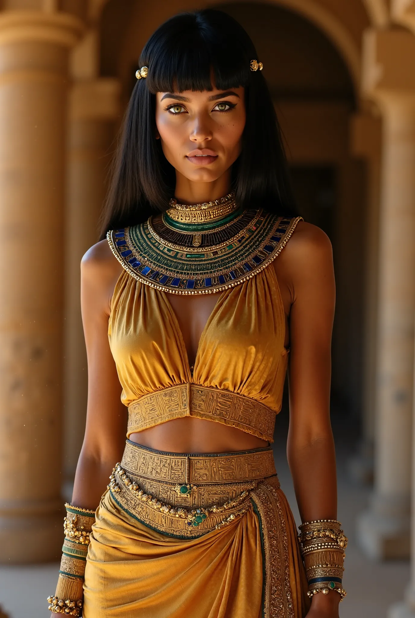 "Generate a breathtaking portrait of an Egyptian woman with golden-bronze skin, piercing green eyes, and a mesmerizing, hourglass figure, wearing an exaggeratedly luxurious, form-fitting royal Egyptian dress made of shimmering gold fabric, adorned with int...