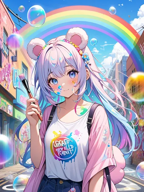        digital art   、8k、   SeaArt Infinity、 top quality、 Beautiful World 、peace、 Genuine 、pastel girl、bear ears and round tail、Hold a brush of paint、I'm graffiti in the sky、There are drops of paint on my face、There are soap bubbles floating around、I can s...