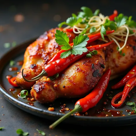 there is a plate of food containing roasted chicken BBQ with red hot chilis and vegetables garnish on it, high quality food photography, professional food photography, food photography gourmet, spicy chicken, professional food photo, stunning image, high q...