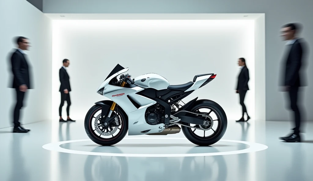 Generate a detailed, high-resolution scenic top view image of a 2025 aprilia rsv4in shinning white colour . The image is set in a minimalist, well-lit showroom with a clean and surround it with 2 people  with its logo at back wall, futuristic aesthetic. Hi...