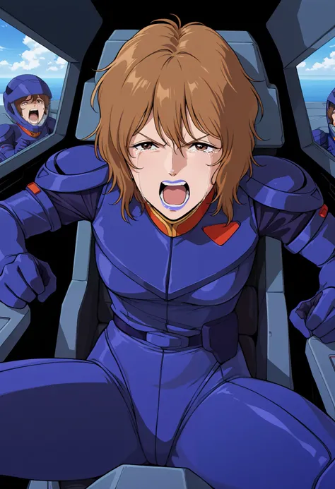 masterpiece, best quality, Rezin Schneider, 1 girls, brown short hair, blue lips,blue pilotsuit、 is the cockpit in the background、 sits in the cockpit、 crying face、 is shouting with his mouth open、