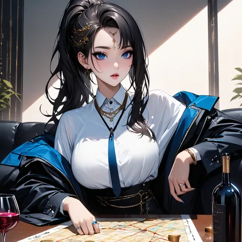   top quality、Ultra-precise depiction、 detailed map、  bright colors visible from the forehead、 beautiful girl 、 alone、Age 30、 Height、 accurate facial depiction、bar、Sofa、 table、wine、coin、 tuxedo、 shirt、 tie、 bust up、 Skin radiance、 Beautiful figure  、  pony...