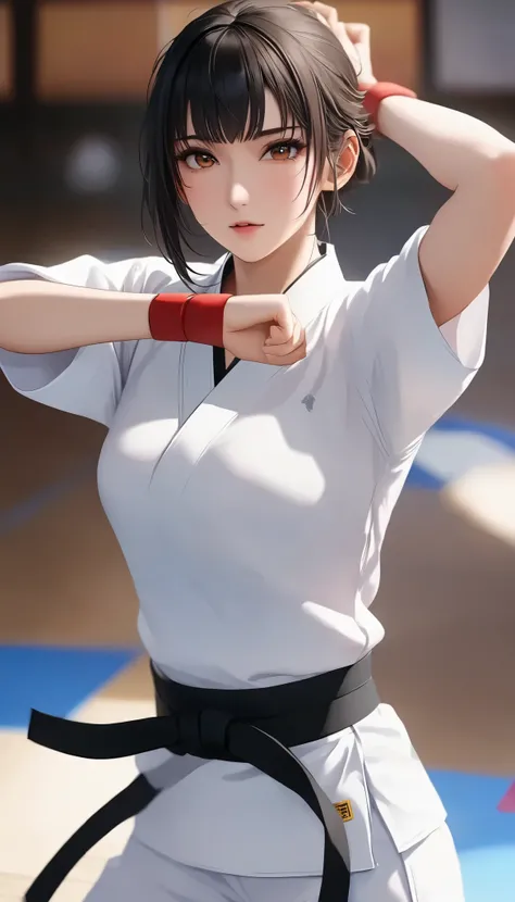 （（ Big breasted girls))、((( Karate uniform with open front))、(((Empty-handed)))、(    black hair)、(blunt bangs)、(  short hair)、(  wet hair)、(Passionate female karate )、( Intense Action ), ((  sweaty ))、(  growing skin )、((Serious))、((  blanking))、(((Karate ...