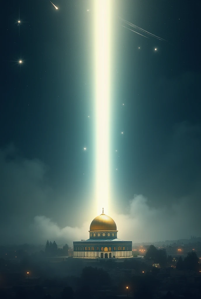 A beam of white light coming out from the middle of the golden dome of Al-Aqsa Mosque, connecting it in the sky in a straight line on a foggy night full of stars and meteors .